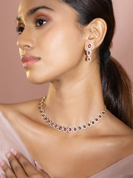 Women Gold-Plated Ruby Pink Stones & White Cubic Zirconia Handcrafted Necklace Set VitansEthnics