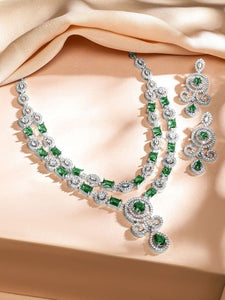 Women Rhodium-Plated Emerald Green & White Cubic Zirconia Double Layer Luxe Jewellery Set VitansEthnics