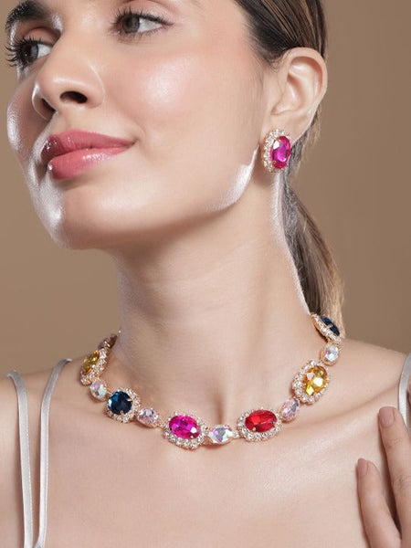 Women Gold Plated Crystal AD & Zirconia Studded Jadau Statement Necklace Set VitansEthnics