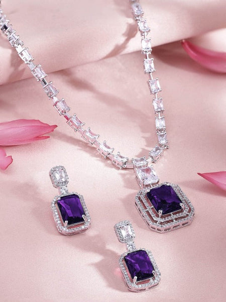 Women Rhodium-Plated Rich Purple Sapphire & White Cubic Zirconia Premium Jewellery Set VitansEthnics