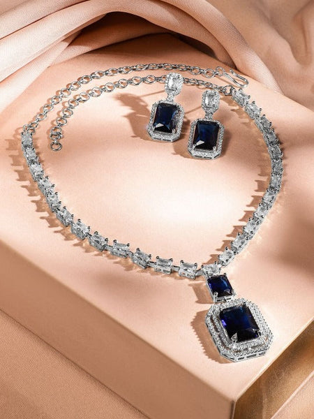 Women Rhodium-Plated Dark Blue Sapphire & White Cubic Zirconia Premium Jewellery Set VitansEthnics