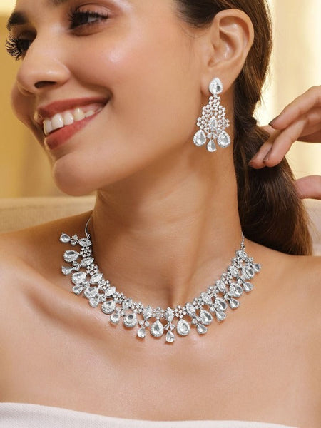 Women Rhodium-Plated Crystal White AD & Cubic Zirconia Studded Statement Necklace Set VitansEthnics