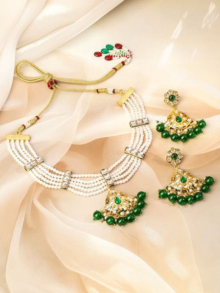 Women Gold-Plated White Pearl Multi-Strand Necklace Set with Kundan & Emerald Beads VitansEthnics