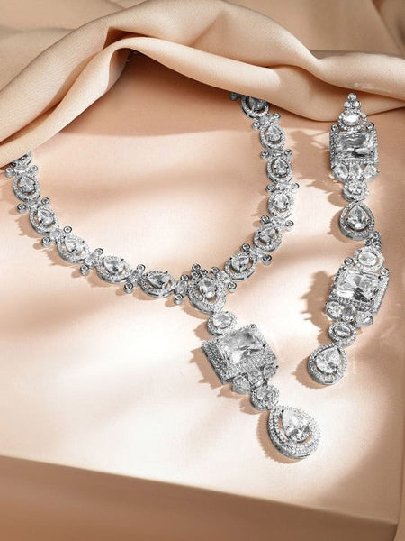 Women Rhodium-Plated White Cubic Zirconia Studded Statement Luxe Jewellery Set VitansEthnics