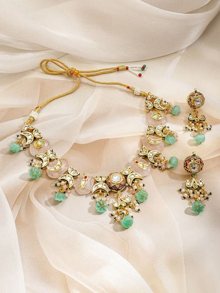 Women Gold-Plated Meenakari Kundan Necklace Set with Pastel Pink & Green Floral Beads VitansEthnics