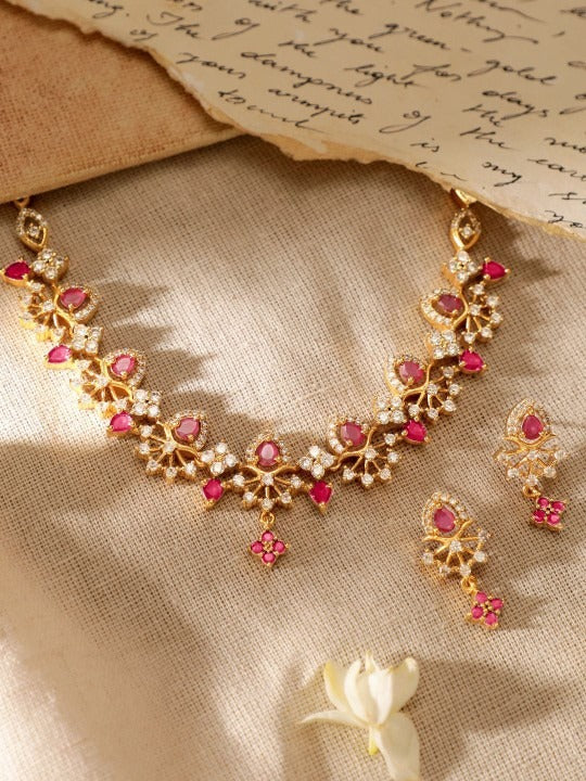 Women Gold Plated Ruby & Cubic Zirconia Studded Jewellery Set VitansEthnics