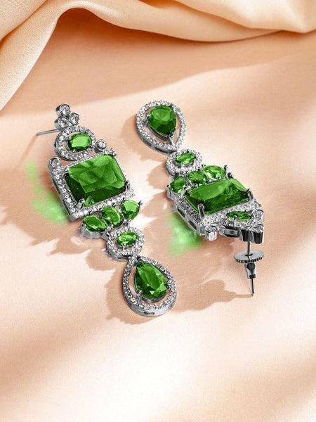 Women Rhodium-Plated Emerald Green & White Cubic Zirconia Studded Luxe Jewellery Set VitansEthnics