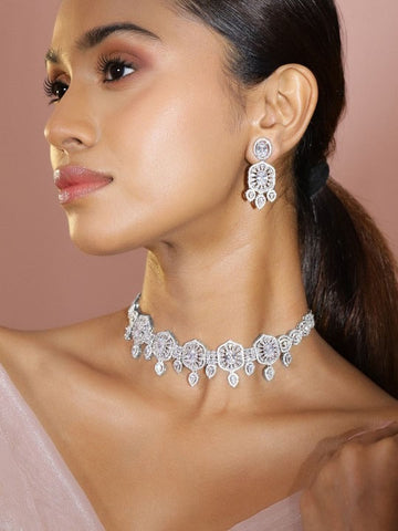 Women Rhodium-Plated AAA White Cubic Zirconia Studded Choker Jewellery Set VitansEthnics