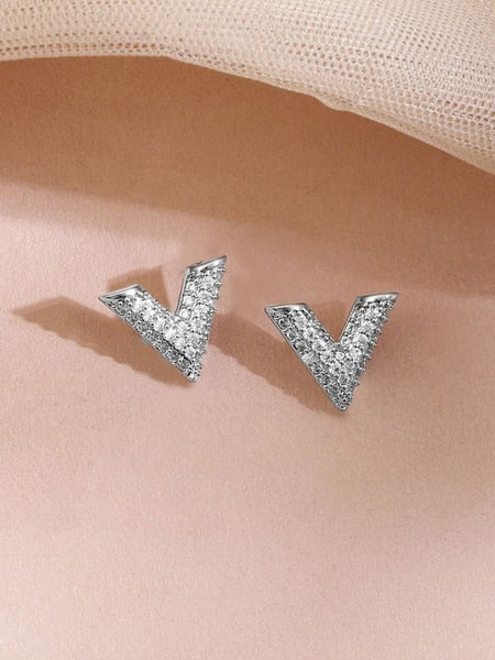 Women Rhodium Plated Cubic Zirconia Studded V Shaped Pendant Necklace Set VitansEthnics