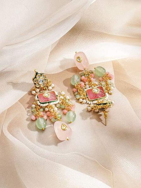 Women Gold-Plated Enamel Kundan Necklace Set with Pastel Pink Green Beads & CZ Accent VitansEthnics