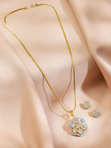 Women Gold-Plated White Cubic Zirconia Floral Pendant Necklace Set VitansEthnics