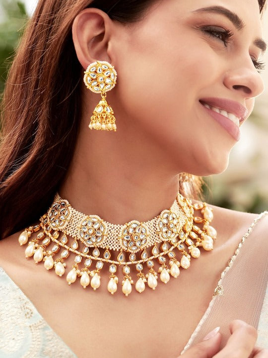 Women Gold Plated Kundan Studded Pearl Beaded Layered Choker Jewellery Set VitansEthnics