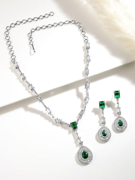 Women Rhodium Plated Emerald Teardrop Pendant Necklace Set with AD & Cubic Zirconia Studed VitansEthnics