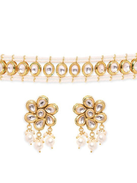 Women Gold Plated White Pearl Beaded Floral Kundan Choker Necklace Set VitansEthnics