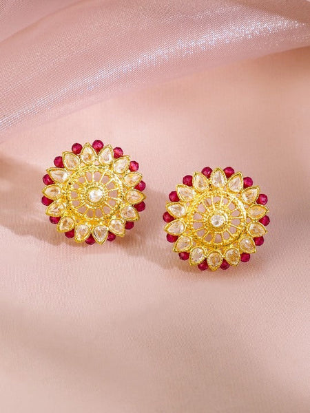 Women Gold Plated Ruby Pink Beaded & Cubic Zirconia Multi Strand Choker Jewellery Set VitansEthnics