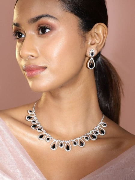 Women Rhodium-Plated Black AD & White Cubic Zirconia Studded Teardrop Design Necklace Set VitansEthnics