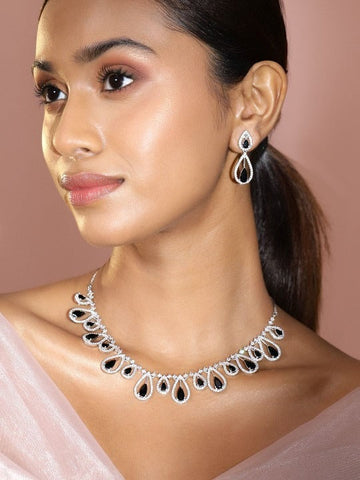 Women Rhodium-Plated Black AD & White Cubic Zirconia Studded Teardrop Design Necklace Set VitansEthnics