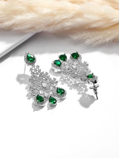 Women Rhodium Plated Emerald Green & White Cubic Zirconia Studded Statement Jewellery Set VitansEthnics