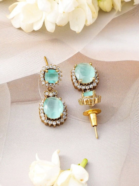Women Gold-Plated Aqua Green Stone & Cubic Zirconia Studded Necklace Set with Earring VitansEthnics