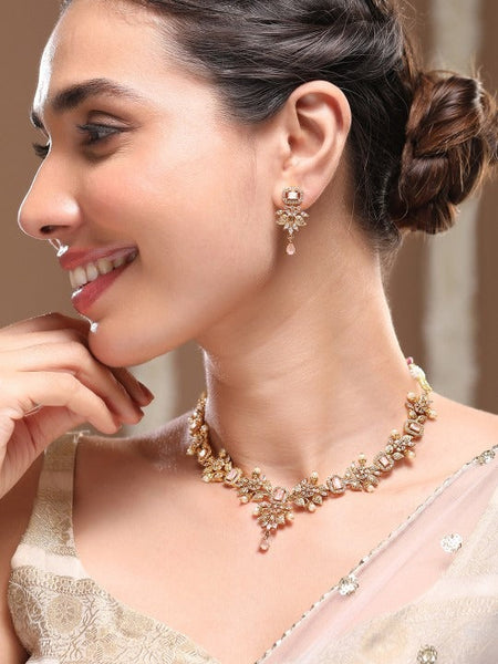 Women Gold Plated Pink Stone & Cubic Zirconia Floral Necklace Set with Pearl Drops VitansEthnics