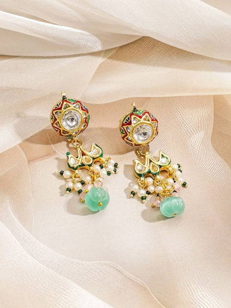 Women Gold-Plated Meenakari Kundan Necklace Set with Pastel Pink & Green Floral Beads VitansEthnics