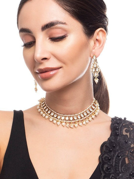 Women Gold-Plated & White Kundan Studded Jewellery Set VitansEthnics