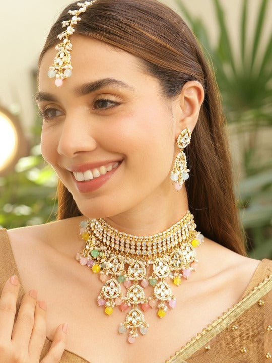 Women Gold-Plated White Kundan Studed & Pastel Multicolor Beaded Choker Necklace Set VitansEthnics