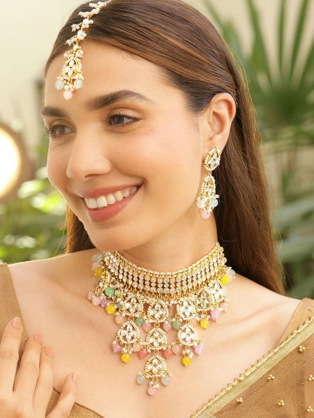 Women Gold-Plated White Kundan Studed & Pastel Multicolor Beaded Choker Necklace Set VitansEthnics