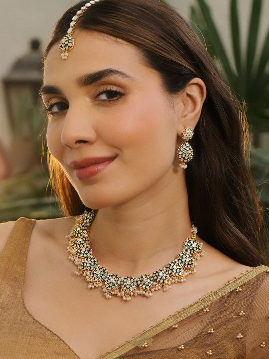 Women Gold-Plated Green Enamel Pearl Bead Drops Kundan Studded Jewellery Set VitansEthnics