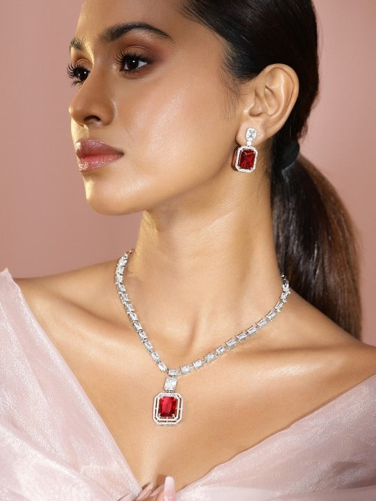 Women Rhodium-Plated Ruby Red & White Cubic Zirconia Studded Necklace Set VitansEthnics