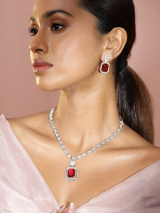 Women Rhodium-Plated Ruby Red & White Cubic Zirconia Studded Necklace Set VitansEthnics