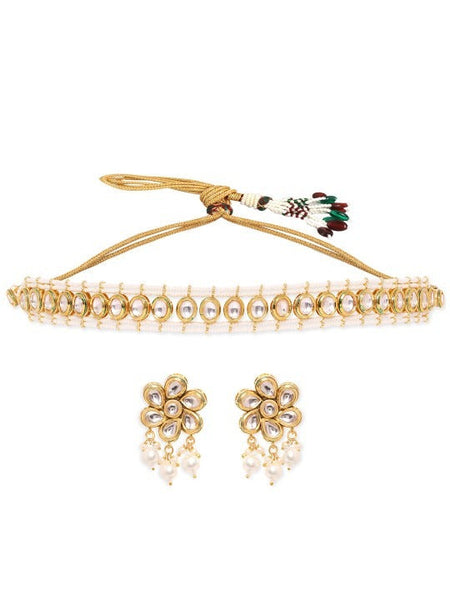 Women Gold Plated White Pearl Beaded Floral Kundan Choker Necklace Set VitansEthnics