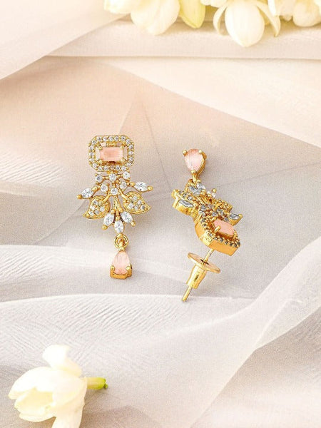 Women Gold Plated Pink Stone & Cubic Zirconia Floral Necklace Set with Pearl Drops VitansEthnics