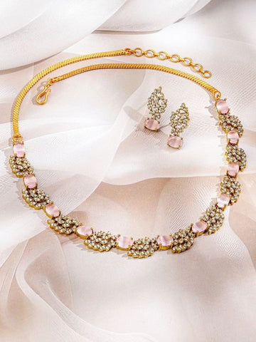 Women Gold-Plated Pastel Rose Pink & White Cubic Zirconia Studded Necklace Set VitansEthnics