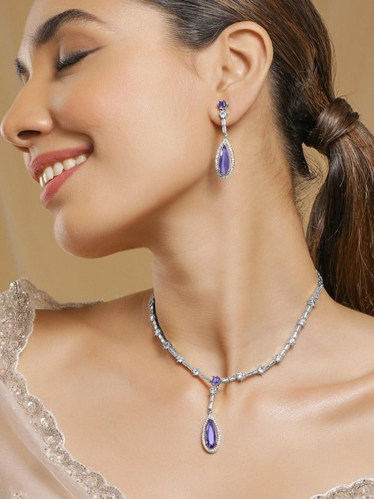Women Rhodium Plated Purple Sapphire Teardrop Necklace Set with AD & Cubic Zirconia VitansEthnics
