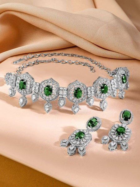 Women Rhodium-Plated Emerald Green & White Cubic Zirconia Studded Choker Jewellery Set VitansEthnics