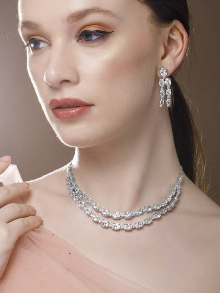 Women Rhodium-Plated White Cubic Zirconia Studded Premium Luxe Jewellery Set VitansEthnics