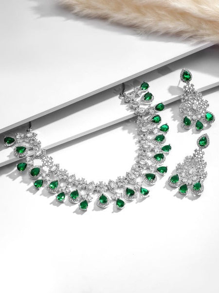 Women Rhodium Plated Emerald Green & White Cubic Zirconia Studded Statement Jewellery Set VitansEthnics