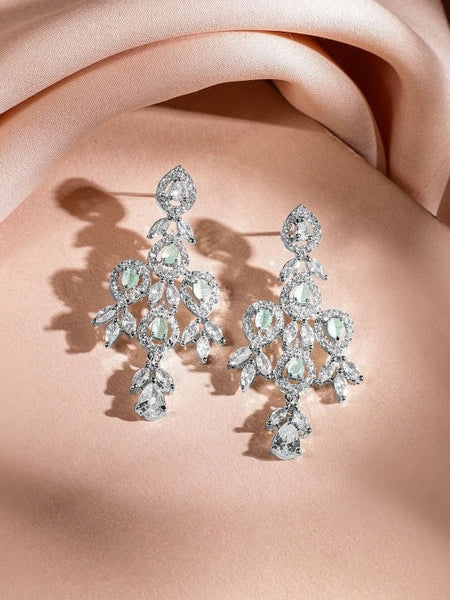 Women Rhodium-Plated Mint Green & White Cubic Zirconia Studded Premium Necklace Set VitansEthnics