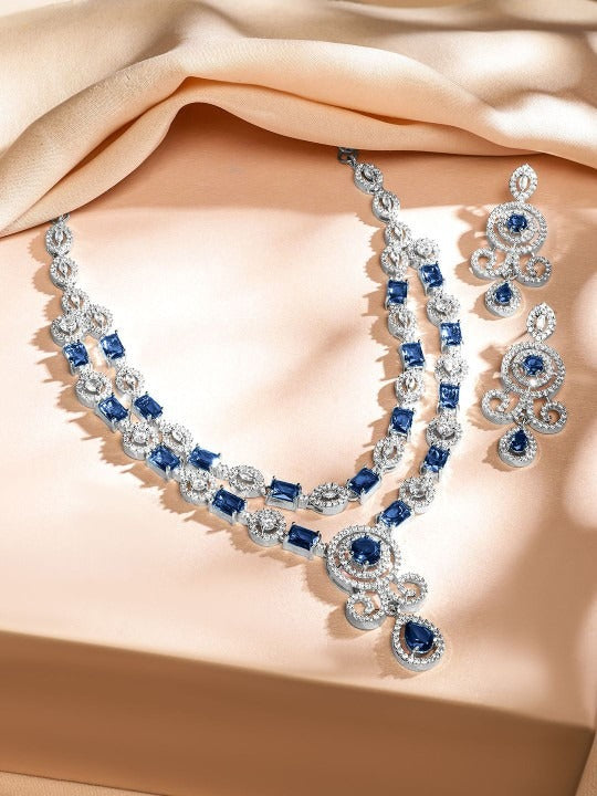 Women Rhodium-Plated Blue Sapphire & White Cubic Zirconia Double Layer Luxe Jewellery Set VitansEthnics