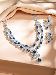Women Rhodium-Plated Blue Sapphire & White Cubic Zirconia Double Layer Luxe Jewellery Set VitansEthnics