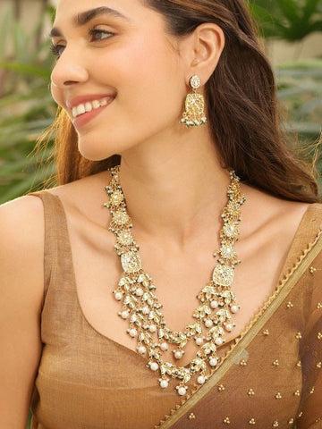 Women Gold-Plated White Kundan Studded Green Beaded & Pearl Drop Floral Jewellery Set VitansEthnics