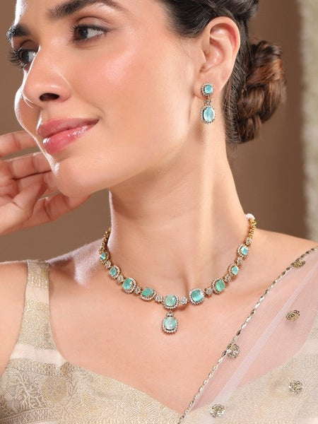 Women Gold-Plated Aqua Green Stone & Cubic Zirconia Studded Necklace Set with Earring VitansEthnics