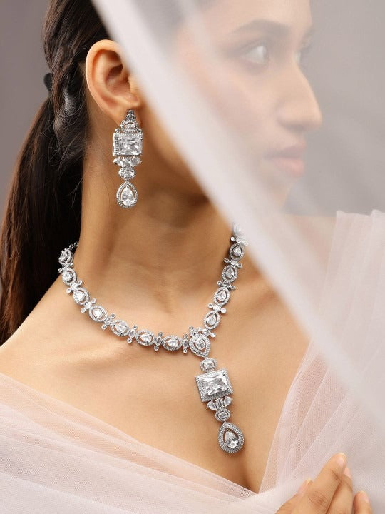 Women Rhodium-Plated White Cubic Zirconia Studded Statement Luxe Jewellery Set VitansEthnics