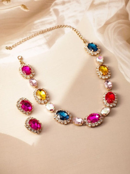 Women Gold Plated Crystal AD & Zirconia Studded Jadau Statement Necklace Set VitansEthnics