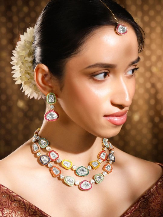 Women Gold Plated Multicolor Kundan Layered Necklace Set With Maang Tikka VitansEthnics
