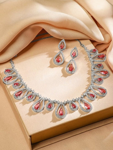 Women Rhodium-Plated Rose Pink & White Cubic Zirconia Studded Teardrop Necklace Set VitansEthnics