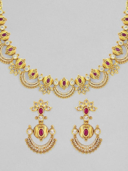 Women Gold-Plated Ruby Pink & Cubic Zirconia Studded Temple Necklace Set VitansEthnics