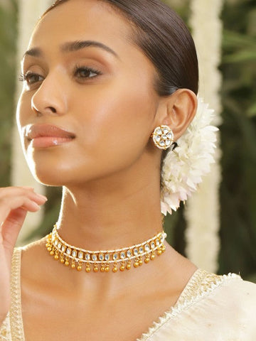Women Gold-Plated White Kundan Studded Gold Beaded Detailing Choker Necklace Set VitansEthnics