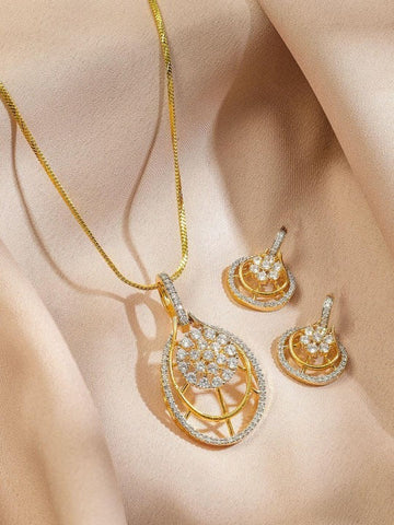 Women Gold-Plated White Cubic Zirconia Studded Teardrop Floral Pendant Necklace Set VitansEthnics